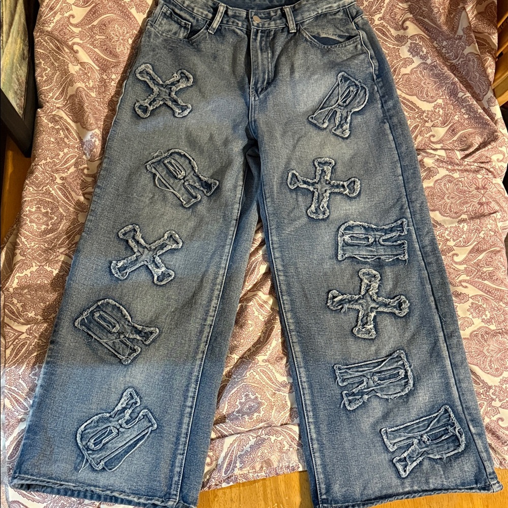Trendy Blue Embroidered Women's Flare Jeans